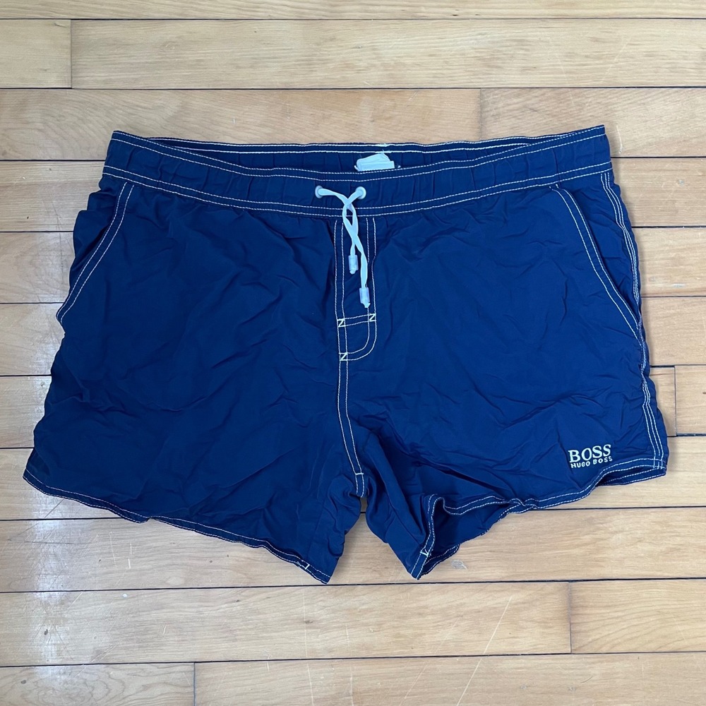 Hugo Boss Mens Navy Blue Contrast Stitch Swim Trunks Shorts Size M